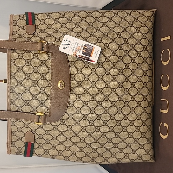 GUCCI ACCESSORIES VINTAGE 70'S WEB SHERRY COATED CANVAS TOTE BAG W SERIAL# - Picture 3 of 17